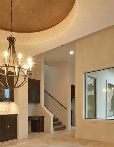 A living room with a chandelier